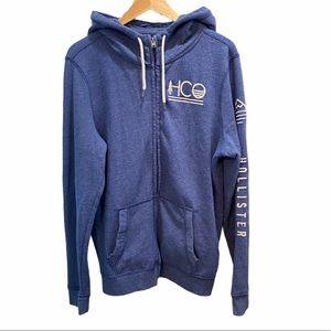 HOLLISTER Sz L Blue White Logo Zip Hoodie Sweater